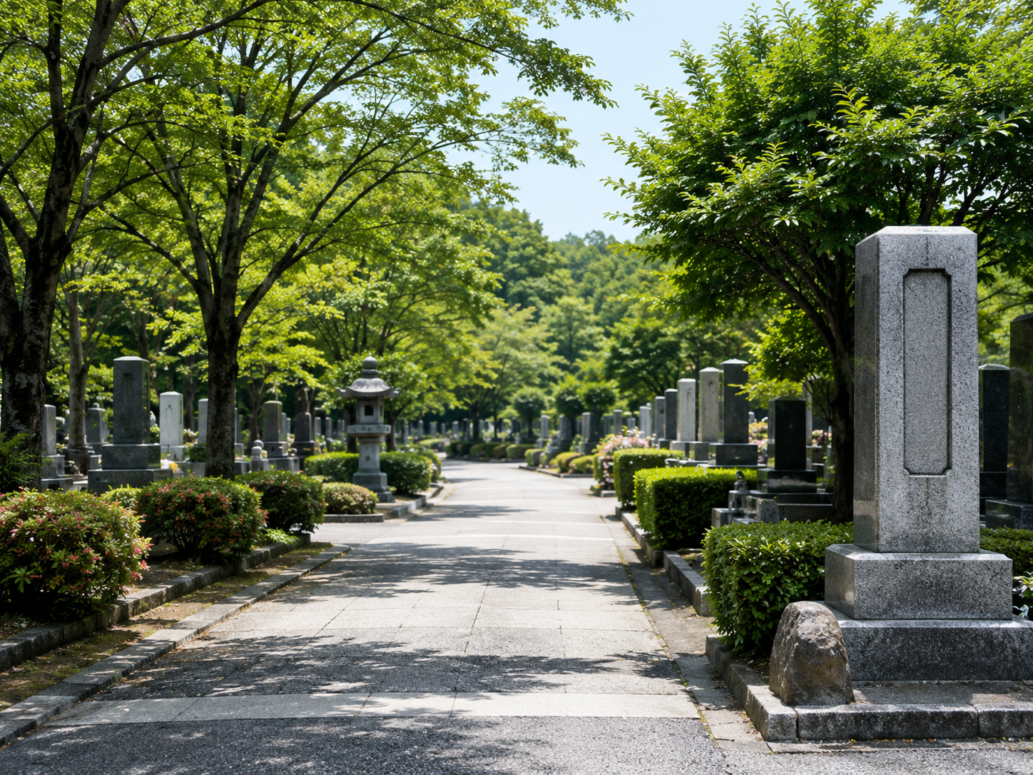 緑に囲まれた霊園の参道のイメージ