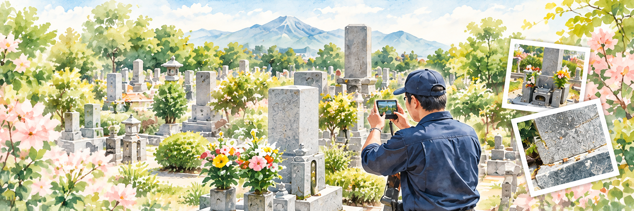 墓地でスタッフがスマートフォンを使い、墓石の状態を撮影している様子