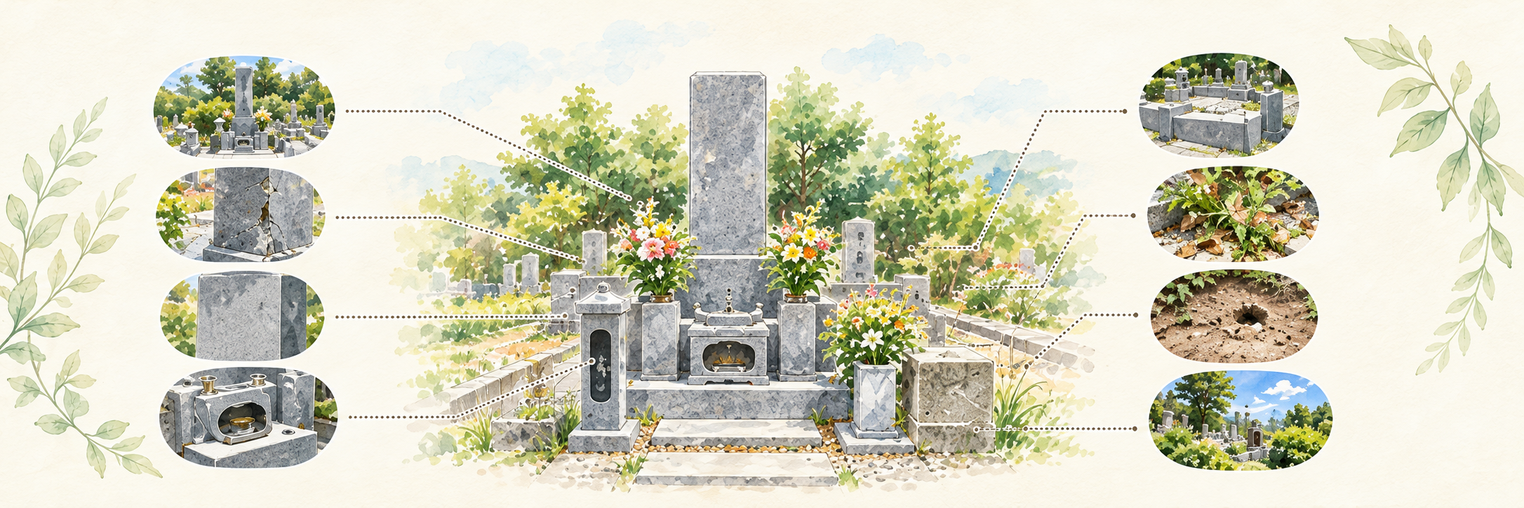 墓所全体と、外柵・花立て・墓誌・地面など周囲の確認箇所を示したイラスト
