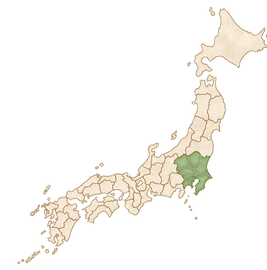 日本地図。東京都、神奈川県、千葉県、埼玉県、茨城県、栃木県、群馬県の関東7都県に対応しています。