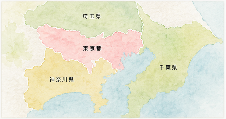 東京都、千葉県、埼玉県、神奈川県を中心とした募集エリアの地図