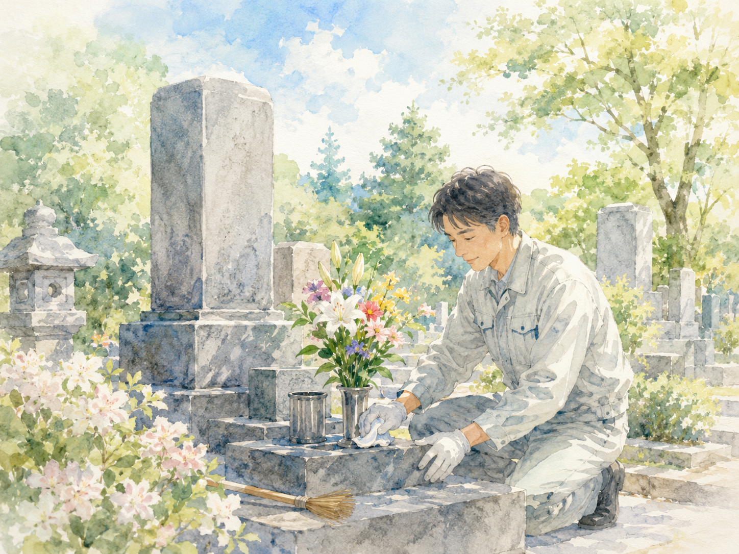 お墓の掃除・供花を行う作業スタッフのイメージイラスト